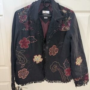 Yak Magik Blazer Jacket Silk‎ Floral Patches Dark Grey Size L Tapestry Look